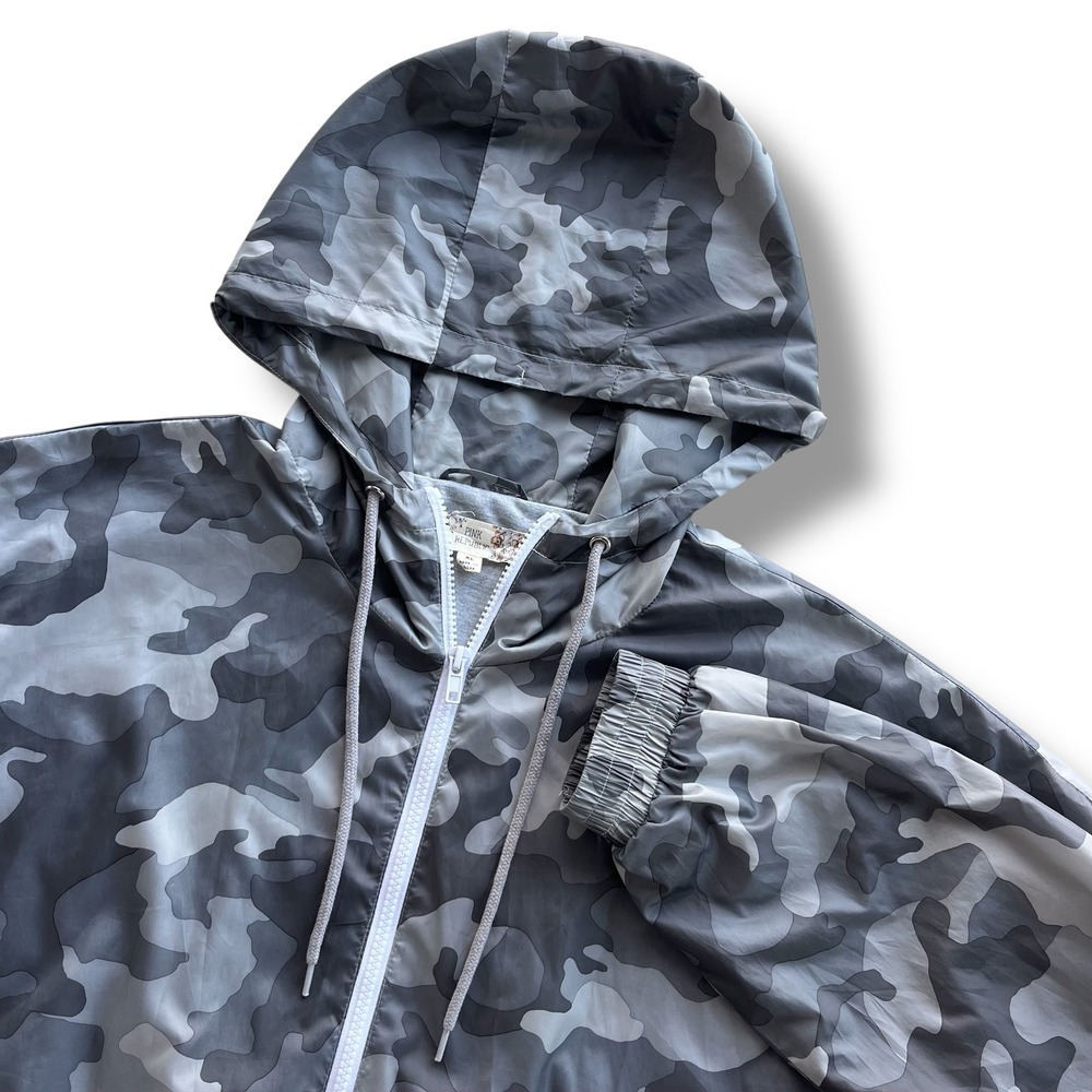 Pink Republic Womens XL Grey Camo Full Zip Hooded Lightweight Windbreaker Jacket